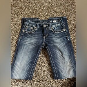 Miss Me Dark Blue Denim Shorts with Chain Accent